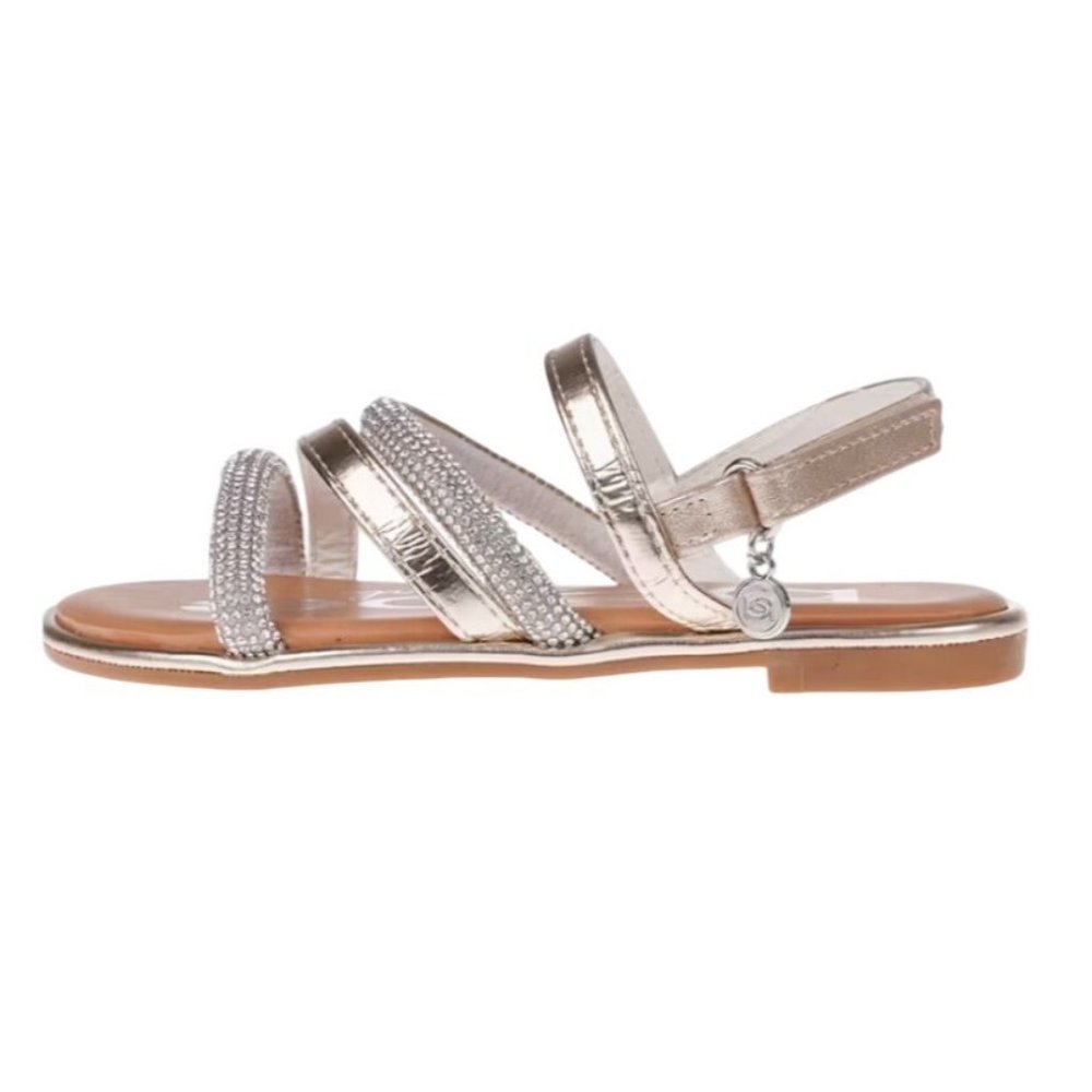 Bebe Girls Rhinestone Strap Flat Sandals Adjustable Buckle Faux Leather Silver